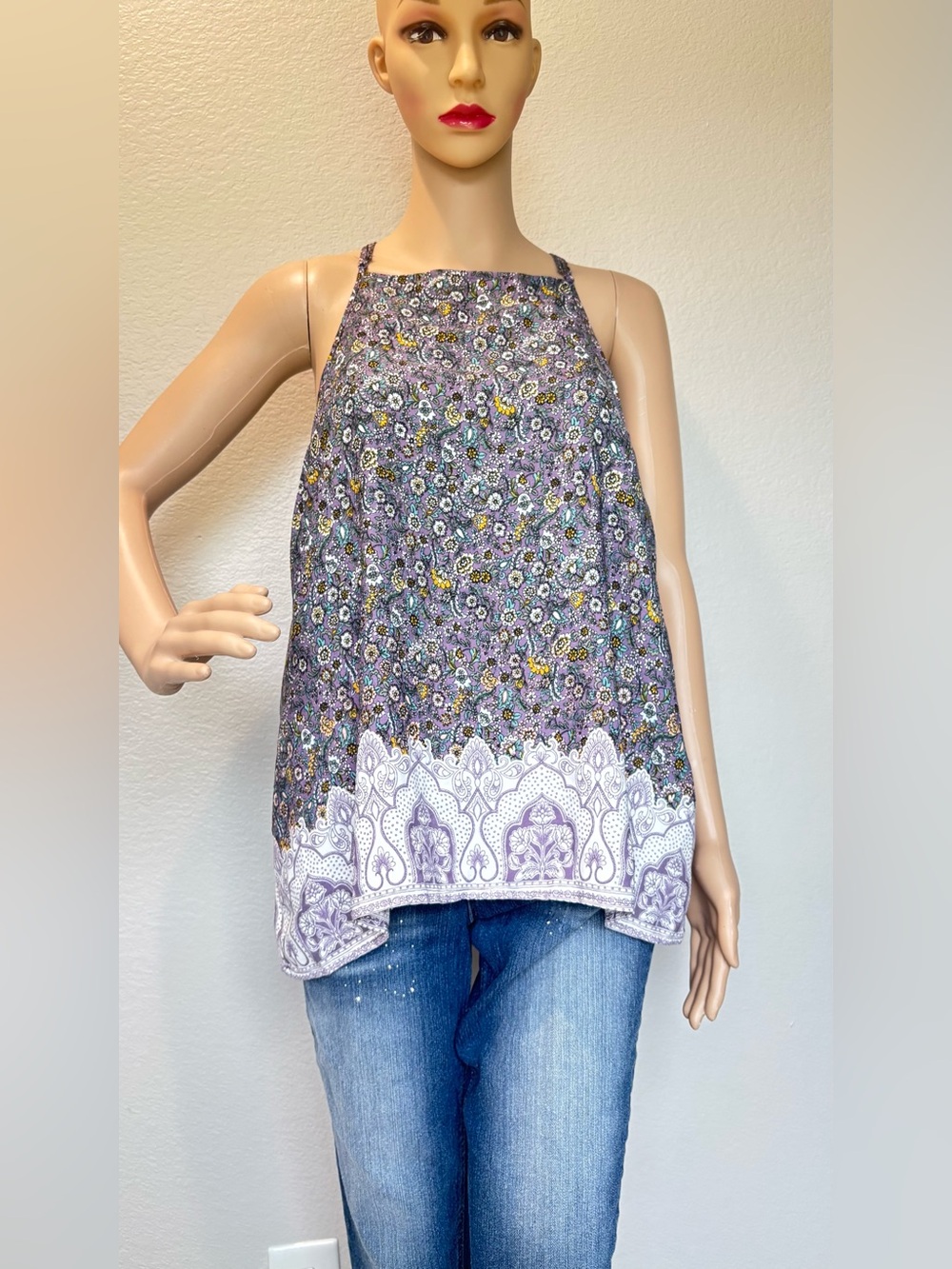 Blue Rain Lavender Floral Halter Top with White Border